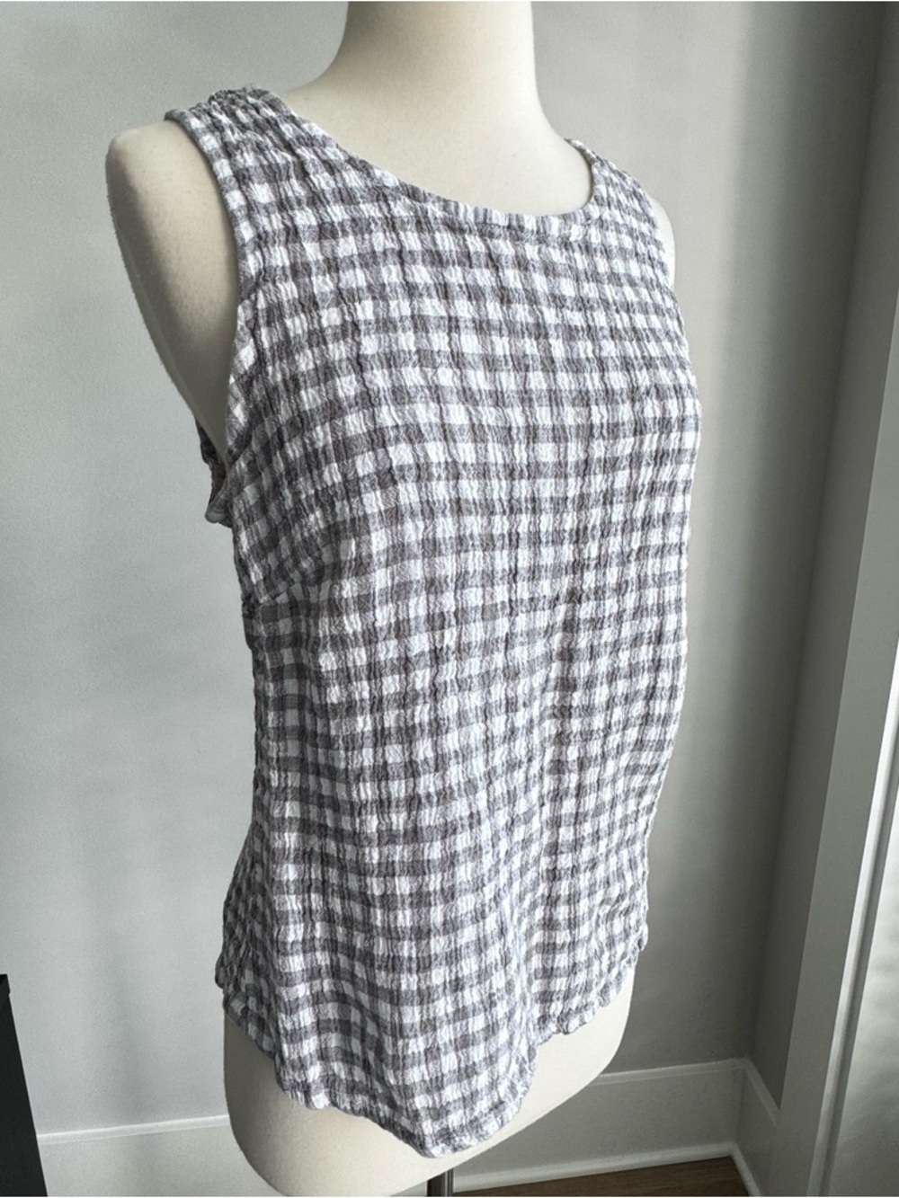 Goddess Gear Organic Linen Gray and White Check Sleeveless Tank Top